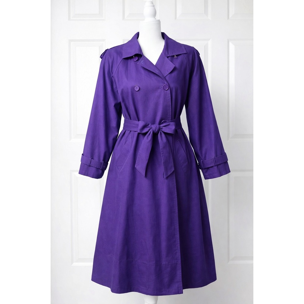I. Magnin Vintage Women's 12 Purple Trench Coat 80s 90s‎ Belted Swing Long Lined